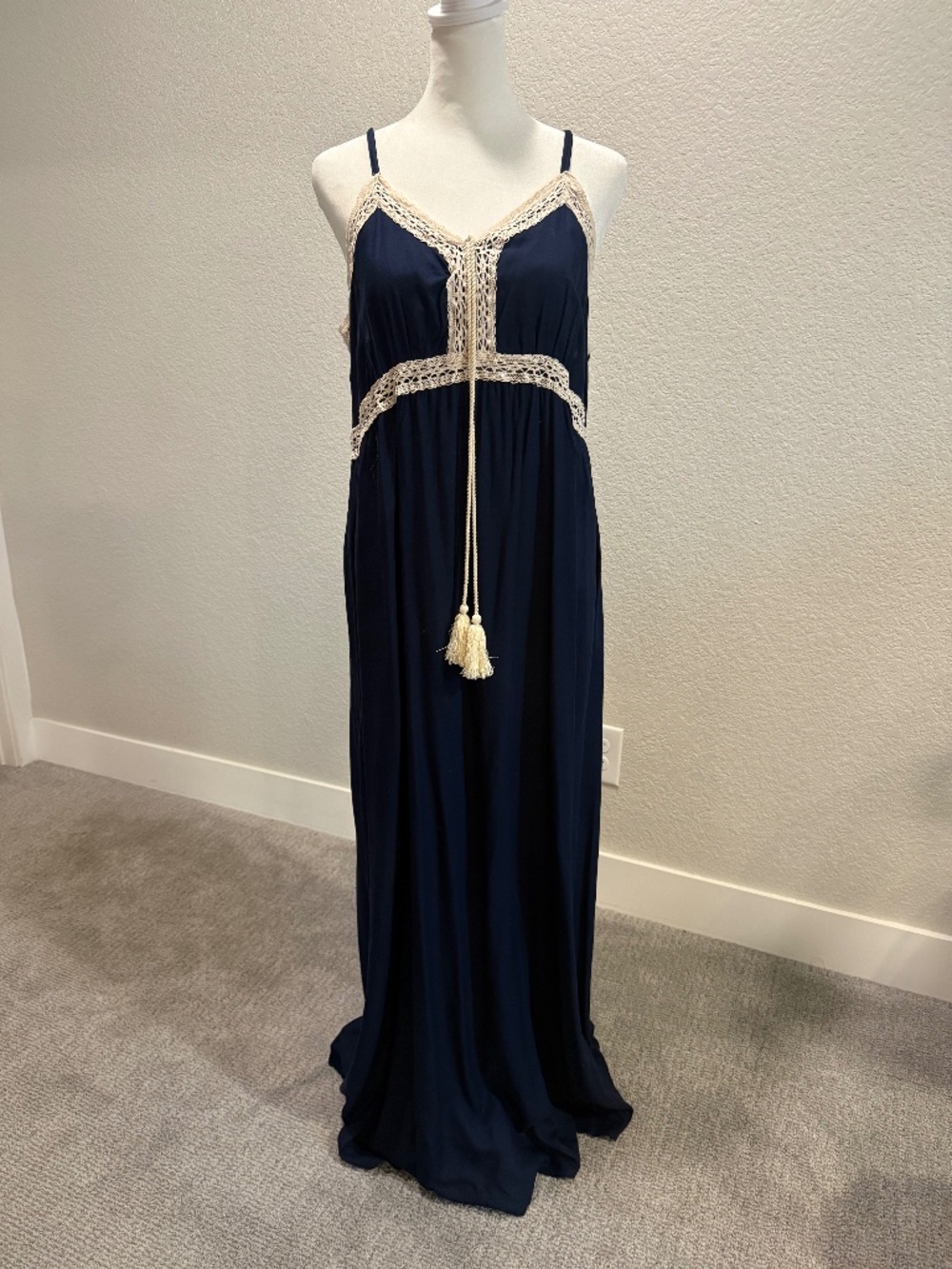1.State Crochet Trim Navy Maxi Dress, Large
